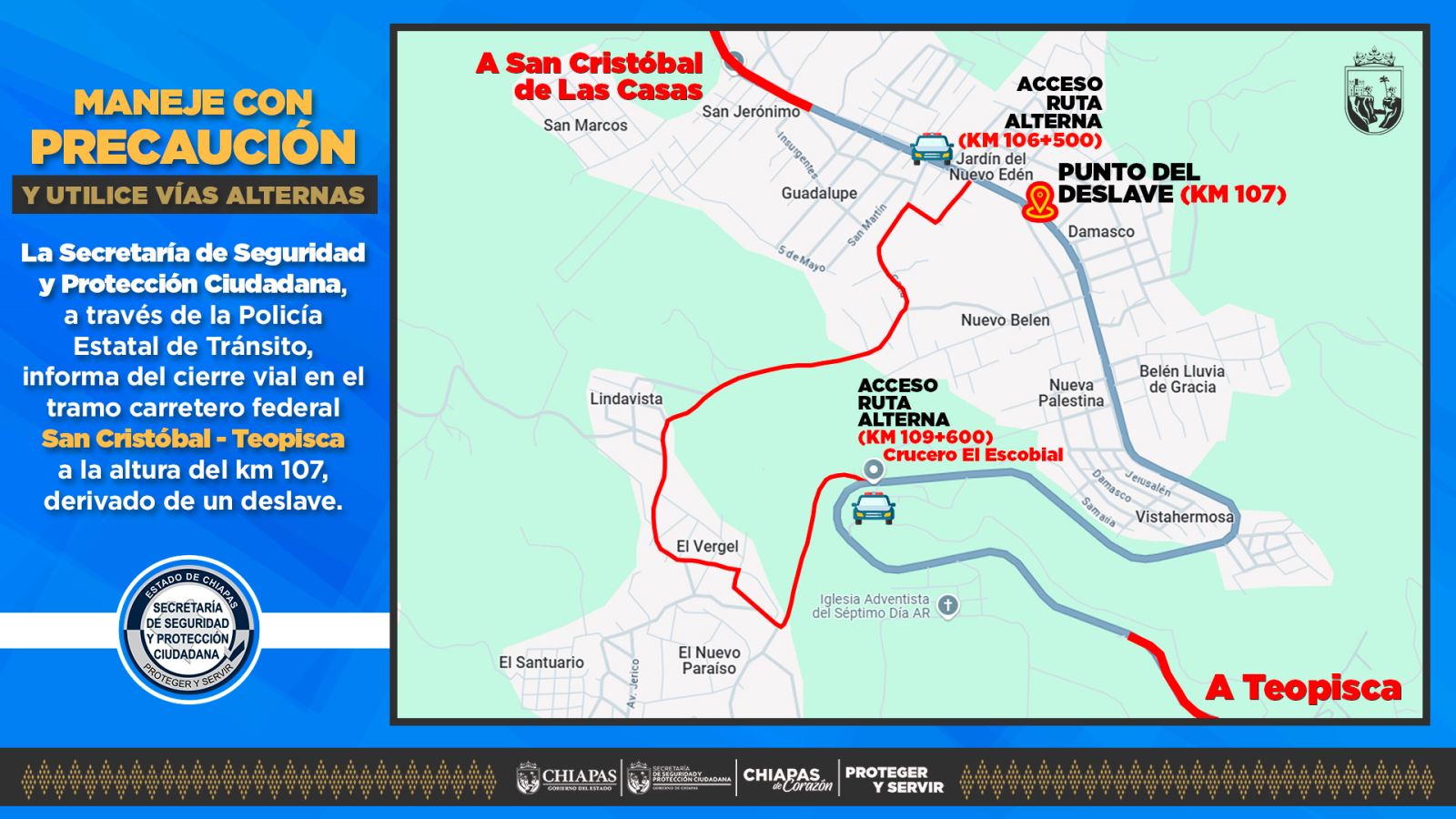 SSyPC informa de vías alternas derivado de deslave en carretera San Cristóbal-Teopisca