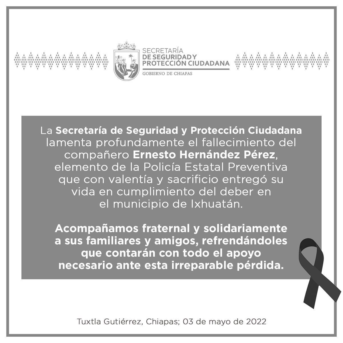 Lamenta SSP fallecimiento de policía estatal preventivo en Ixhuatán