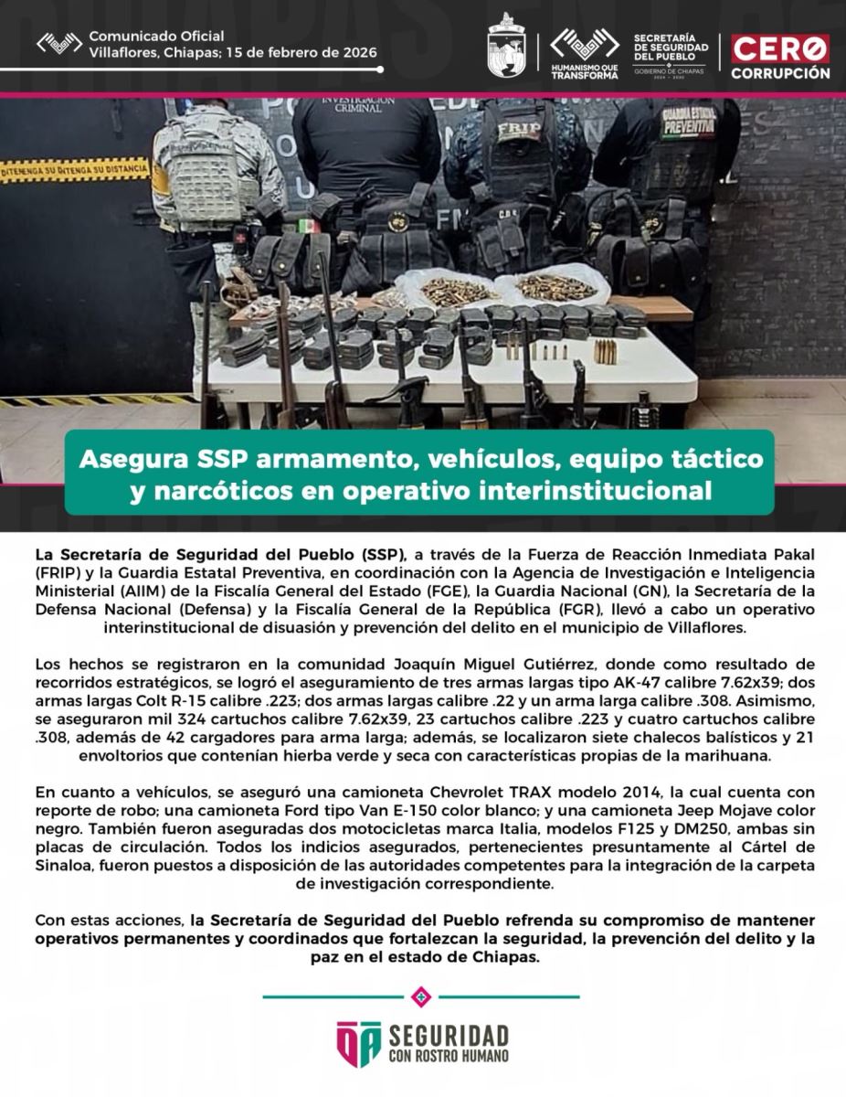 Asegura SSP armamento, vehículos, equipo táctico y narcóticos en operativo interinstitucional.