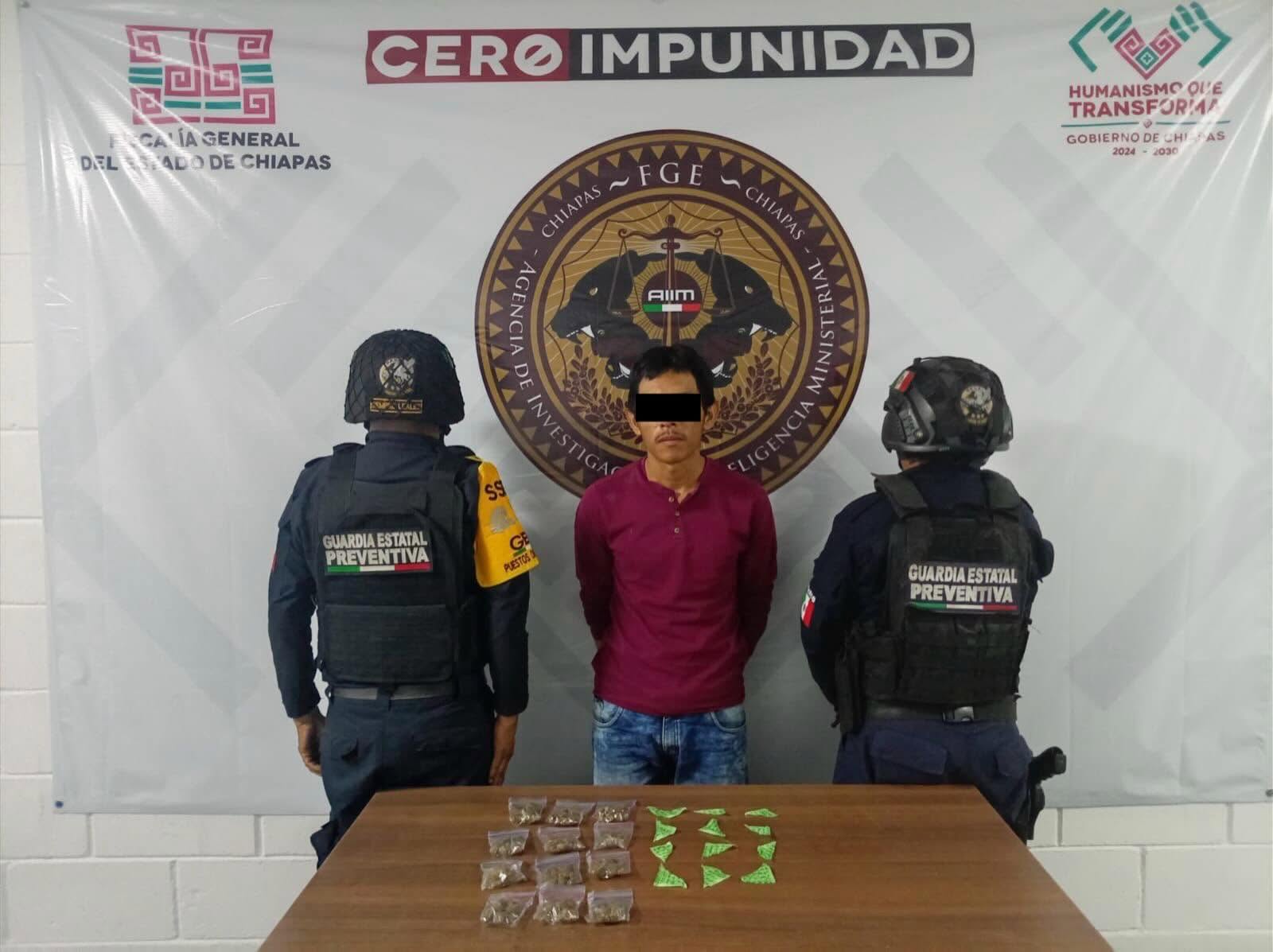 Guardia Estatal Preventiva y FGE detienen a masculino por delitos contra la salud en Tuxtla Gutiérrez