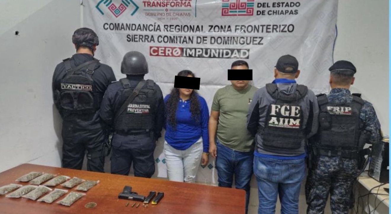 SSP y FGE detienen a dos personas con presunta marihuana y arma de fuego en Comitán de Domínguez.