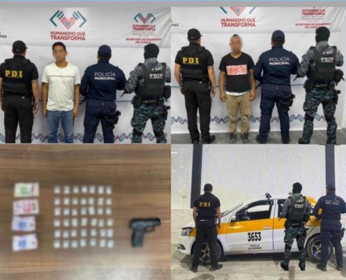 Detienen a dos masculinos con presunta droga y arma de fuego en Tuxtla Gutiérrez.